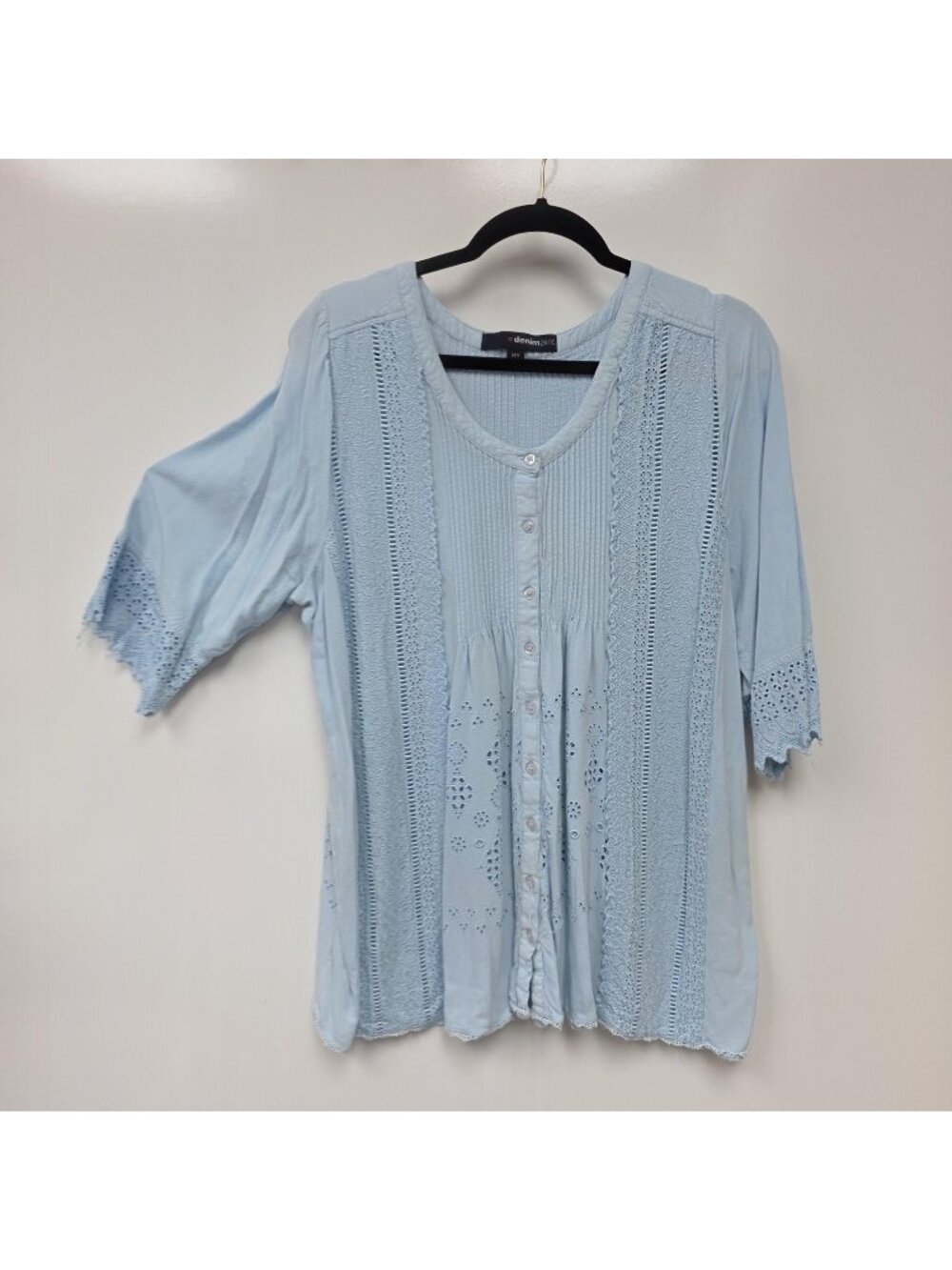 Denim 24/7 Shirt Womens 20W Blue Crochet Embroidered 3/4 Sleeve Tunic Top